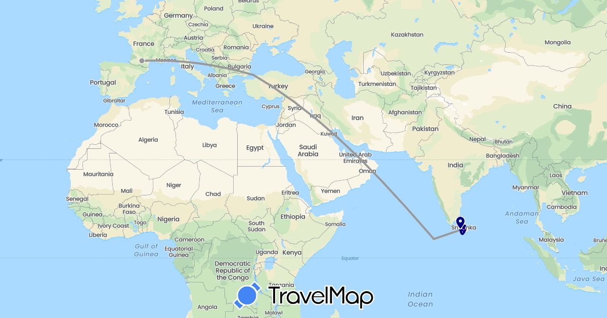 TravelMap itinerary: driving, plane, train in France, Sri Lanka, Maldives, Turkey (Asia, Europe)